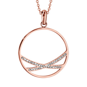 Collier en acier et PVD rose chane avec pendentif anneau avec  l\'intrieur 2 branches en rsine et strass blancs - longueur 40cm + 5cm de rallonge - Vue 1