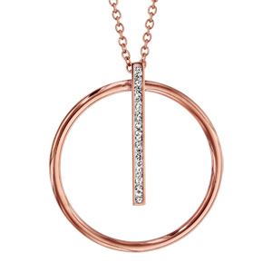 Collier en acier et PVD rose chane avec pendentif anneau suspendu par 1 rail en rsine et strass blancs - longueur 40cm + 5cm de rallonge - Vue 1
