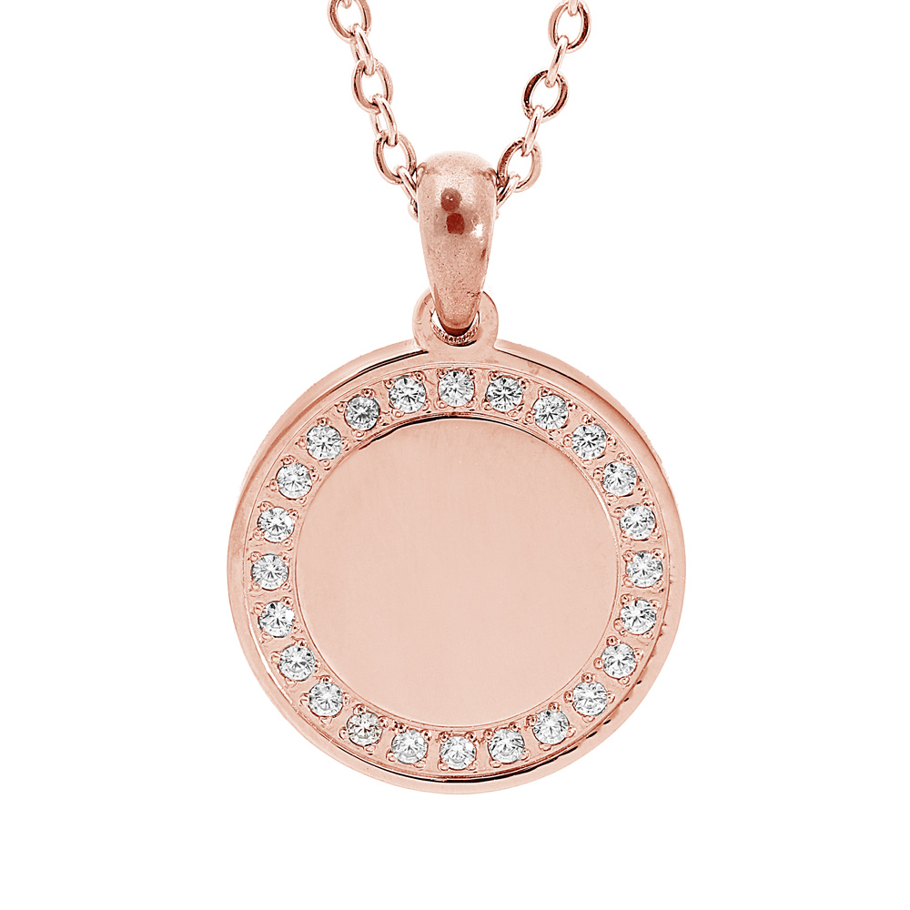 Collier en acier et PVD rose cha�ne avec pendentif � graver m�daille ronde contour d\'oxydes blancs 38+7cm - Vue 1