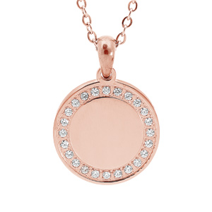 Collier en acier et PVD rose chane avec pendentif  graver mdaille ronde contour d\'oxydes blancs 38+7cm - Vue 1