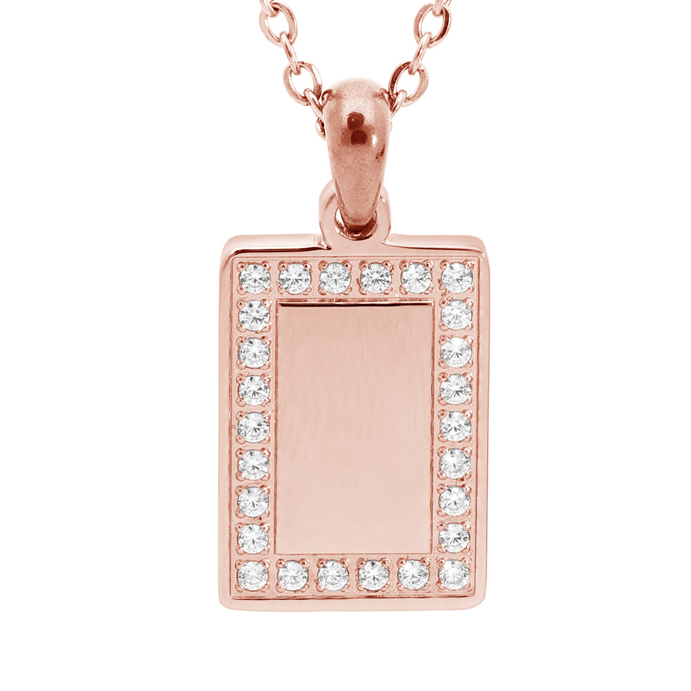 Collier en acier et PVD rose cha�ne avec pendentif rectangulaire contour d\'oxydes blancs possibilit� gravure 38+7cm - Vue 1