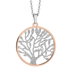 Collier en acier et PVD rose chane avec pendentif rond avec arbre de vie granit  l\'intrieur - longueur 42cm + 4cm de rallonge - Vue 1