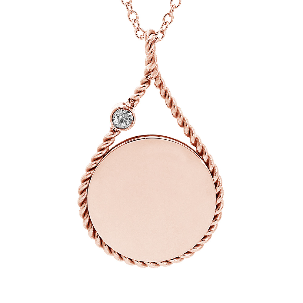 Collier en acier et PVD rose cha�ne avec pendentif rond � graver dans une goutte contour perl� 38+7cm - Vue 1