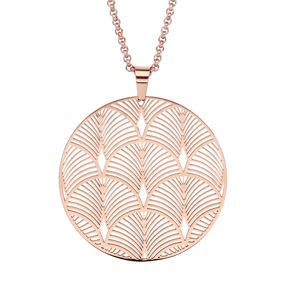 Collier en acier et PVD rose cha�ne avec pendentif rond motif \