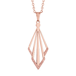Collier en acier et PVD rose chane avec pendentif triangles disposs en losange avec granit gris en bas - longueur 42cm + 4cm de rallonge - Vue 1