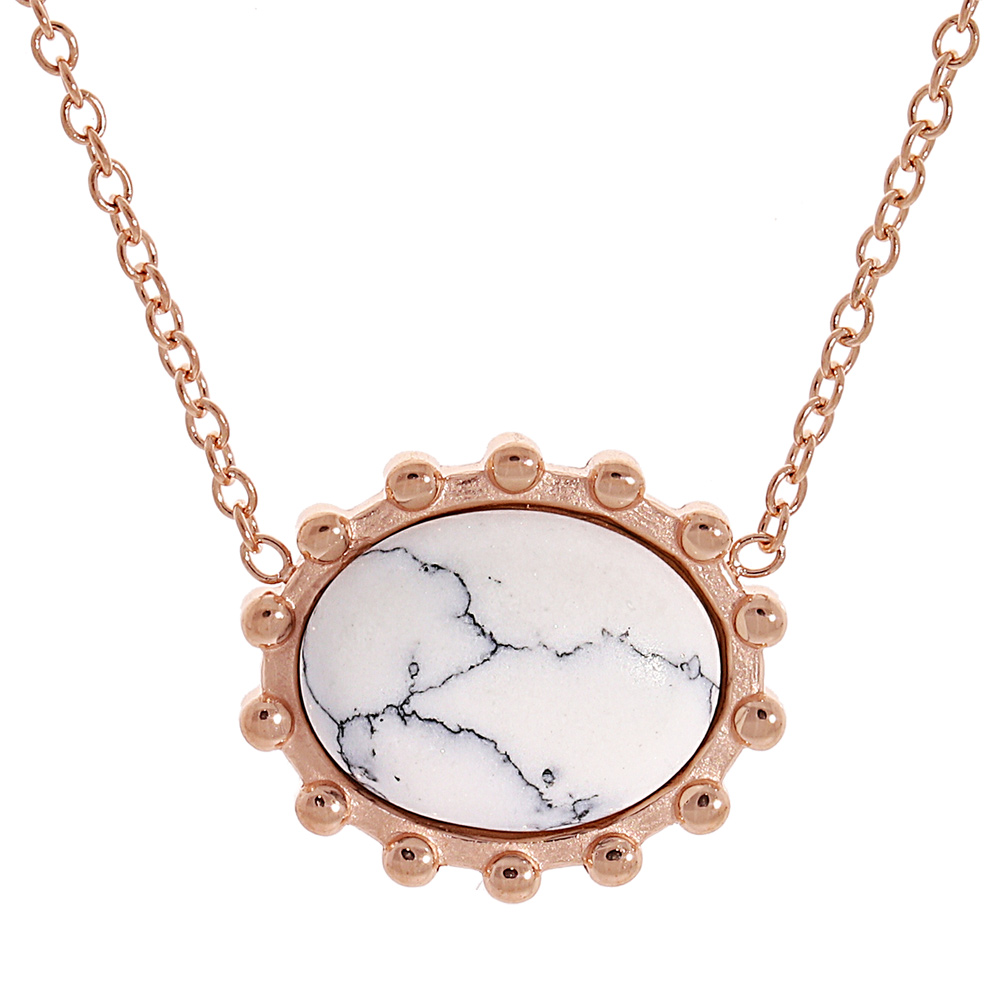 Collier en acier et PVD rose cha�ne avec Turquoise blanche v�ritable contour dentel� 40+5cm - Vue 1