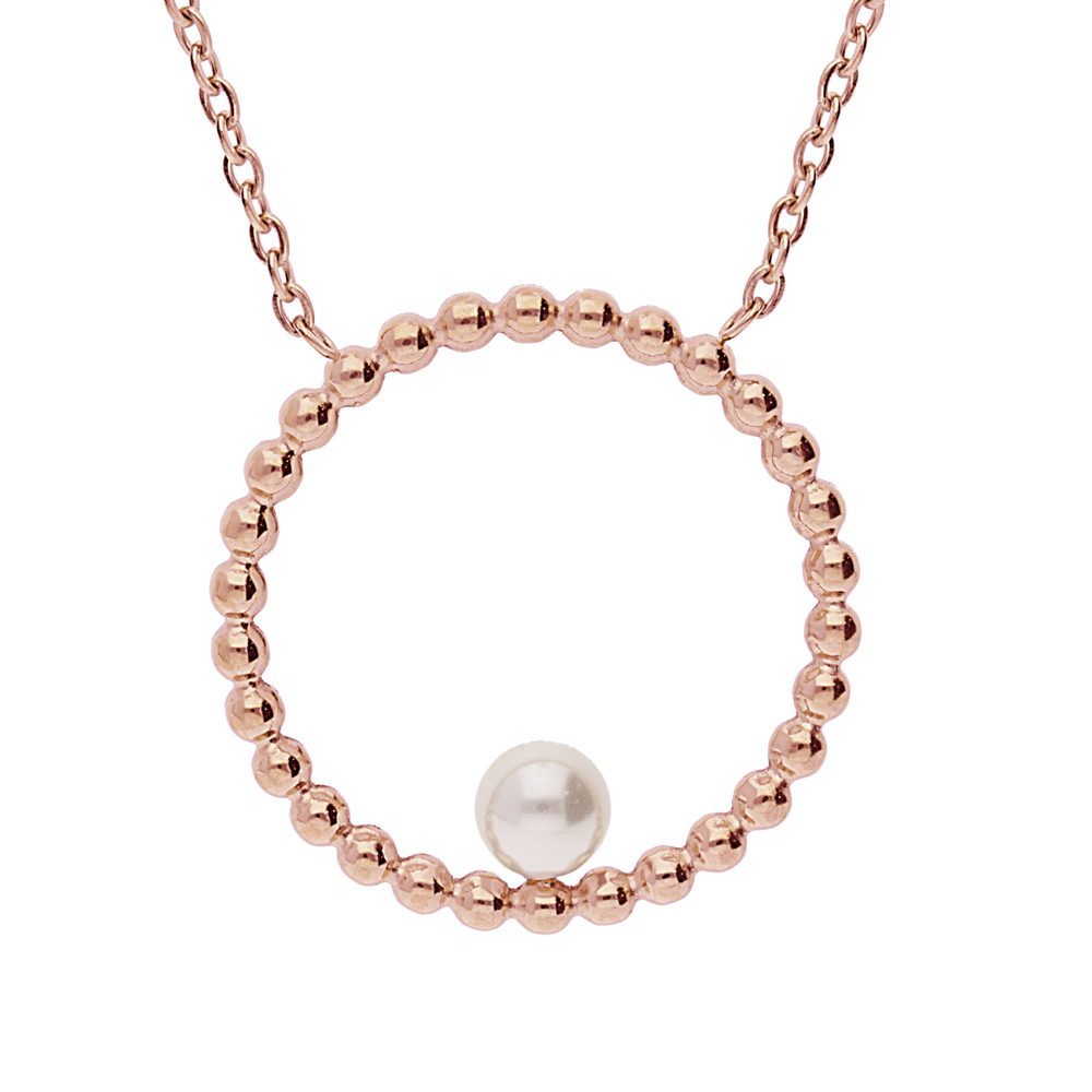 Collier en acier et PVD rose pendentif rond boule avec perle de synth�se blanche 45+5cm - Vue 1