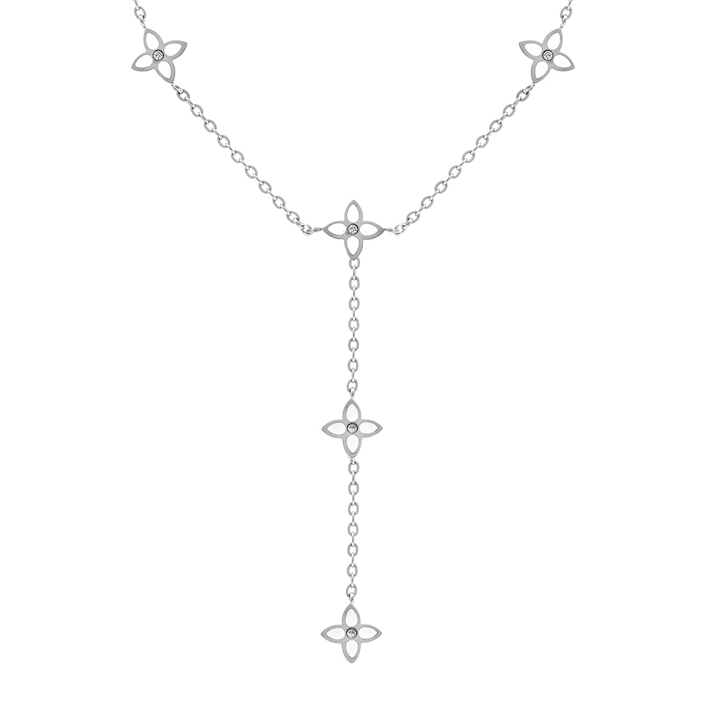 Collier en acier fleurs cravate rsine blanche  - 40+5cm - Vue 1