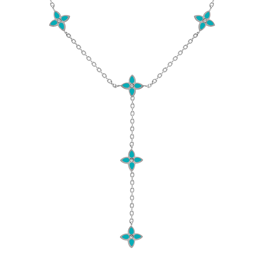 Collier en acier fleurs cravate r�sine turquoise -  40+5cm - Vue 1