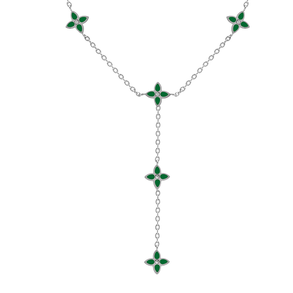Collier en acier fleurs cravate r�sine verte -  40+5cm - Vue 1