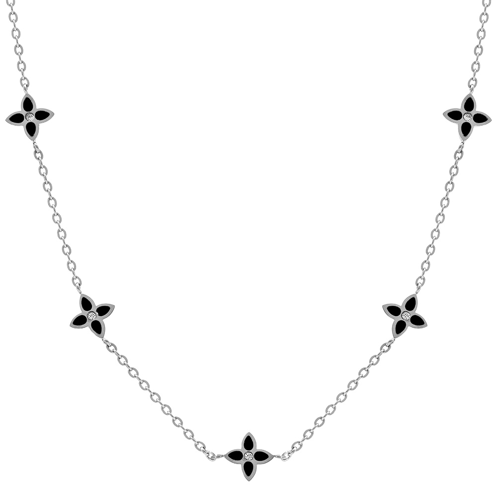 Collier en acier fleurs r�sine noire  - 40+5cm - Vue 1