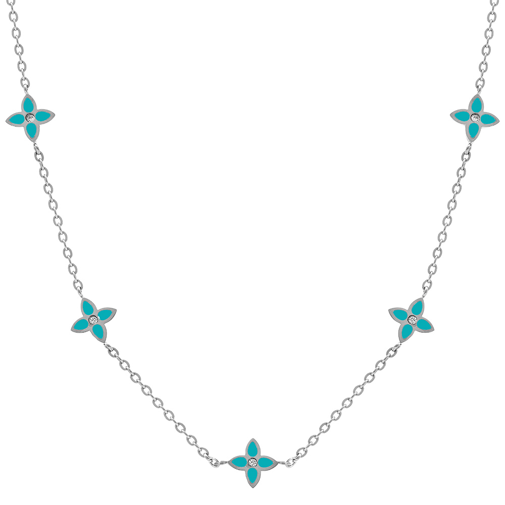 Collier en acier fleurs r�sine turquoise  - 40+5cm - Vue 1