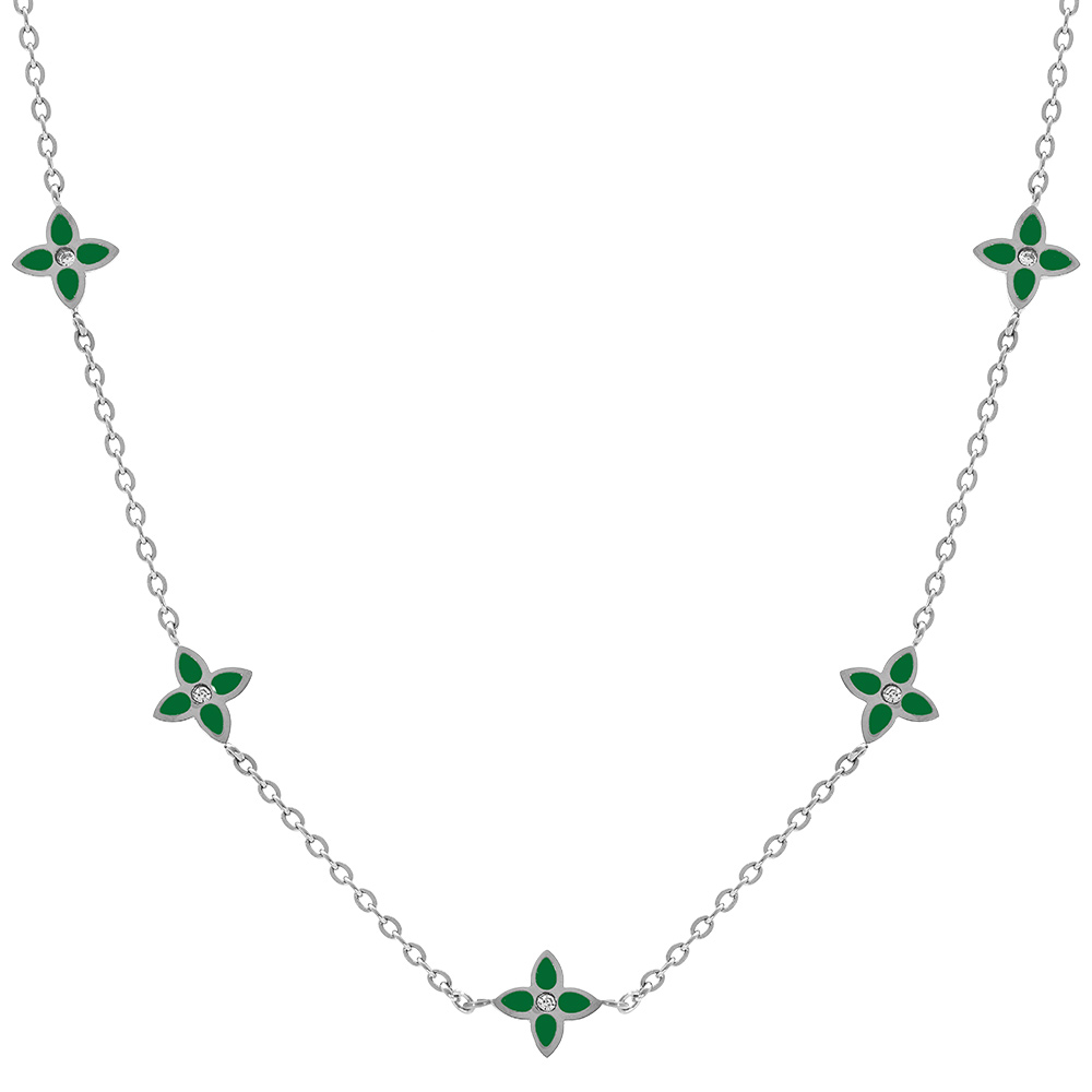 Collier en acier fleurs r�sine vert  - 40+5cm - Vue 1