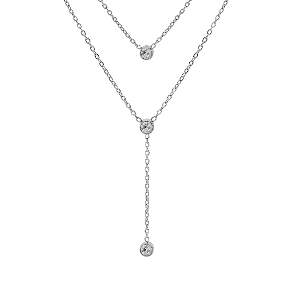 Collier en acier forme Y avec 3 oxydes blancs sertis 38+4cm - Vue 1