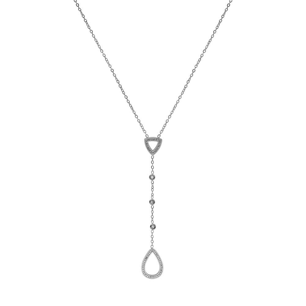 Collier en acier forme Y oxydes blancs sertis clos et goutte avec r�sine et strass blancs 39.5+4cm - Vue 1