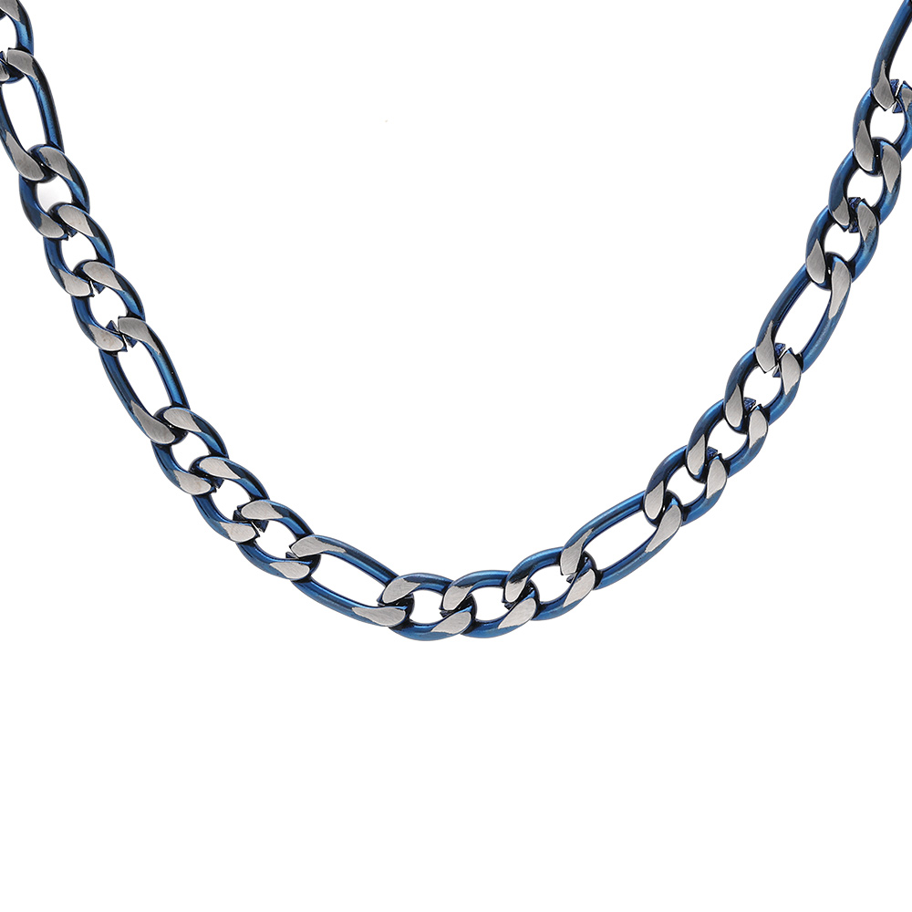 Collier en acier maille 1+3 largeur 4mm PVD bross� aspect patin� chanfrein bleu longueur 50cm - Vue 1
