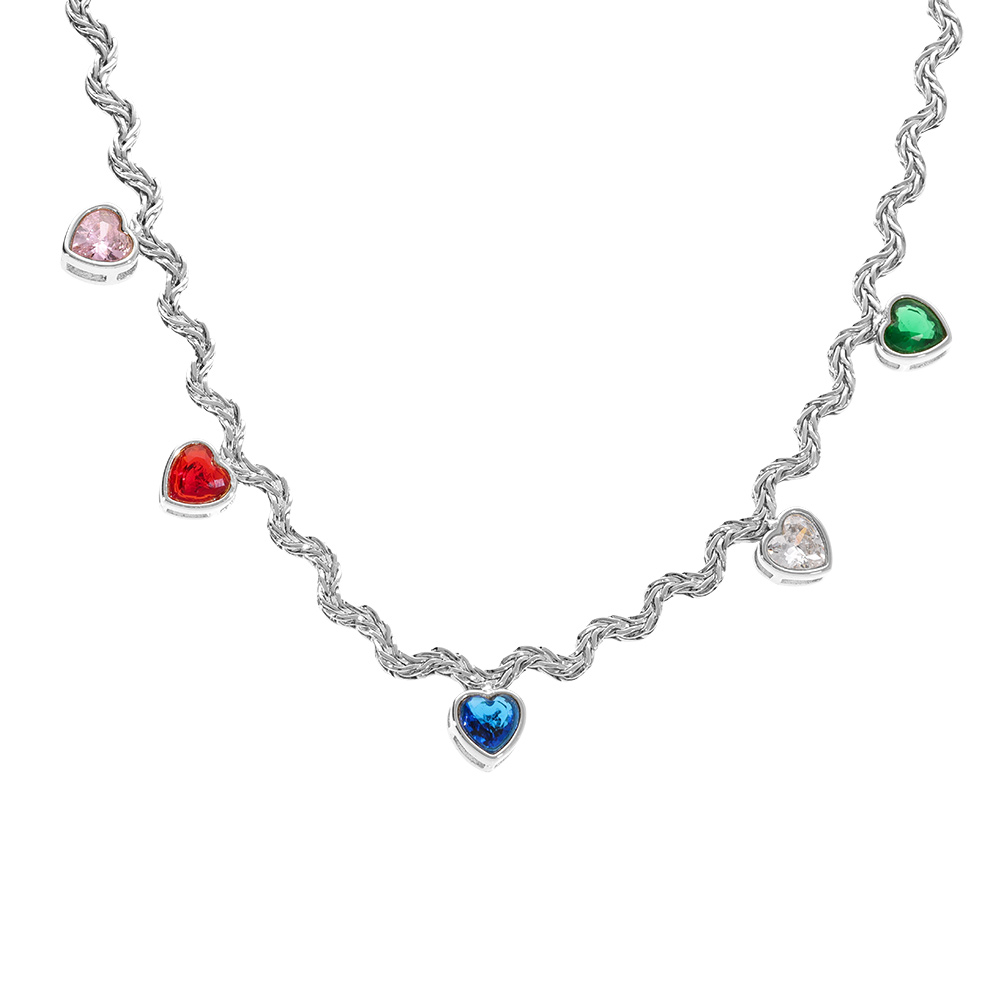 Collier en acier maille corde rigide avec coeurs oxydes multi couleurs  - 41+5cm - Vue 1