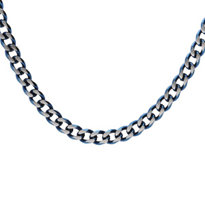 Collier en acier maille gourmette 4mm effet bross et aspet patin avec chanfrin bleu 50cm - Vue 1