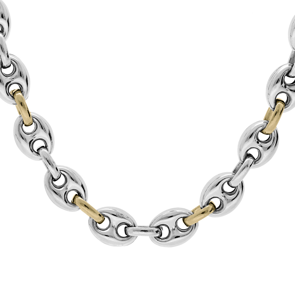 Collier en acier maille grain de caf� bomb�e bicolore largeur 8mm et longueur 54cm - Vue 1