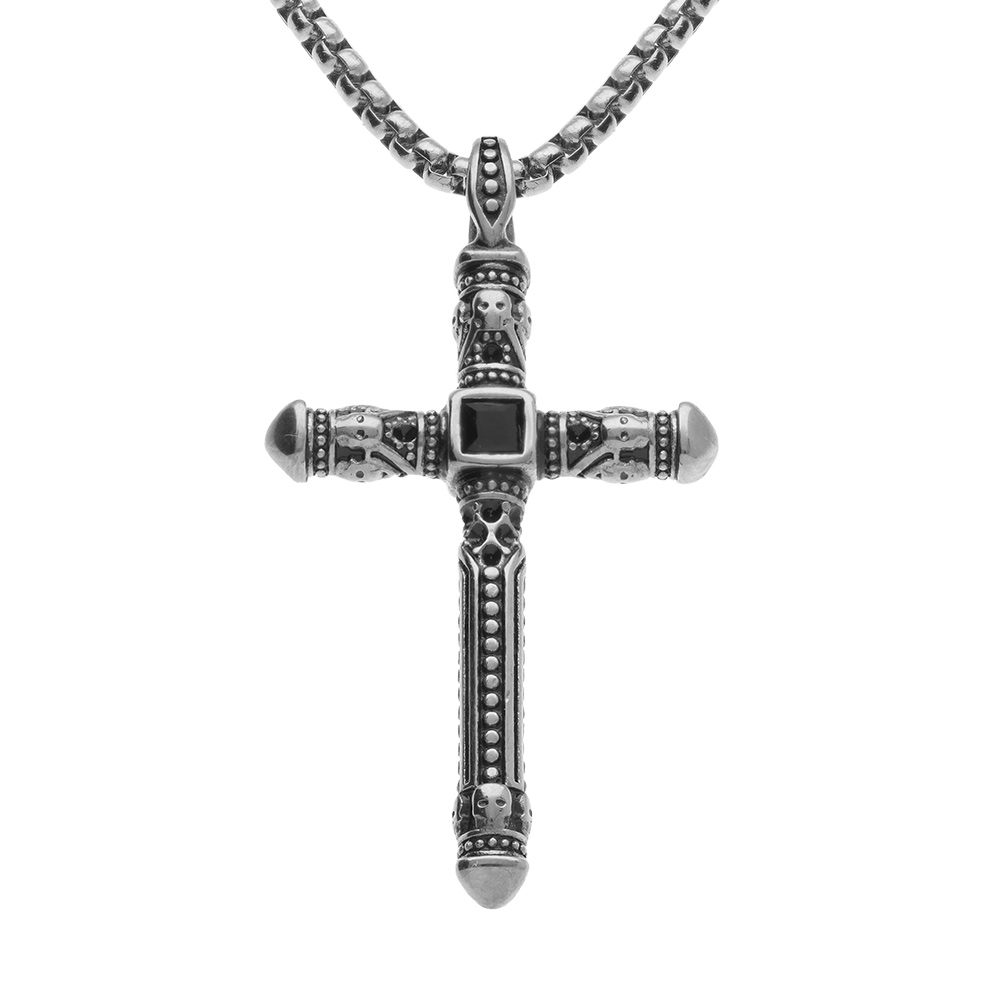 Collier en acier maille jaseron avec pendentif croix 45 x 27mm et oxyde noir sertis,  55cm - Vue 1