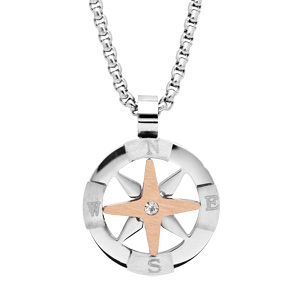 Collier en acier maille palmier avec pendentif boussole et PVD rose 51cm r�glable en 44 cm et 46cm - rose des vents