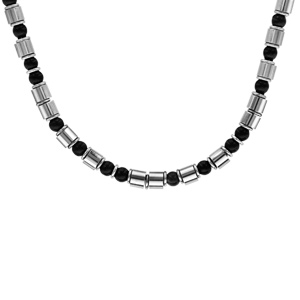 Collier en acier motifs sur cble boules noires et cylindres double fermoir 50cm + 3cm - Vue 1