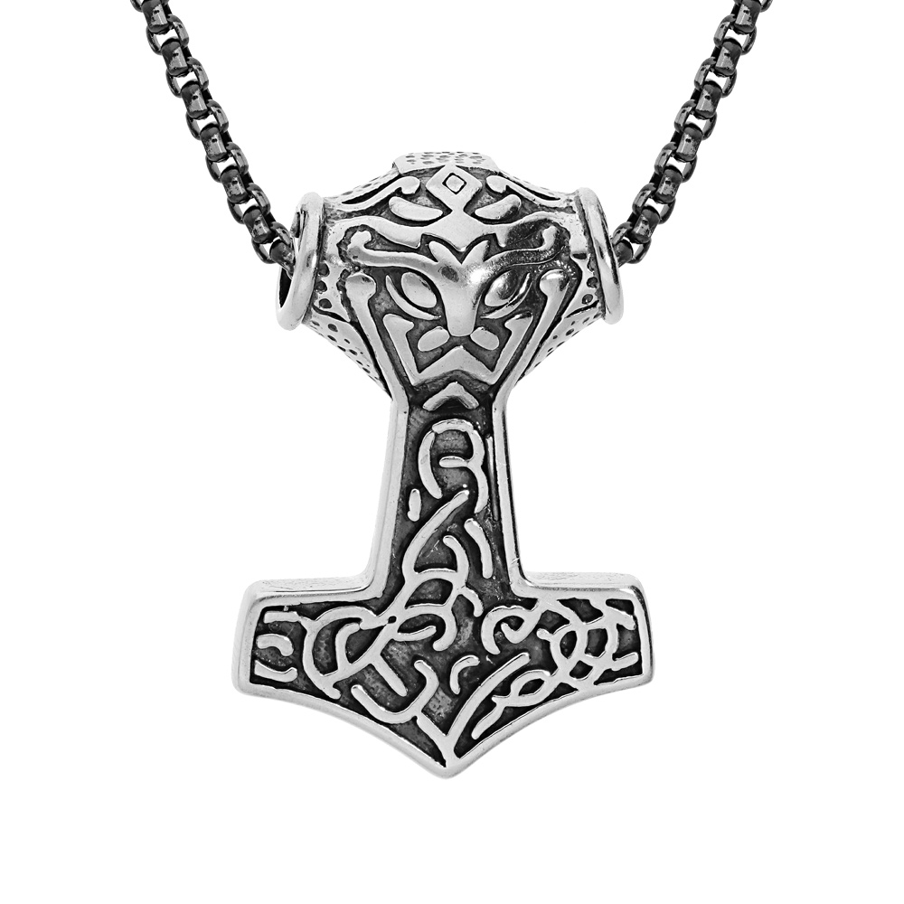 Collier en acier patin� cha�ne avec pendentif marteau de thor 50+10cm - Vue 1