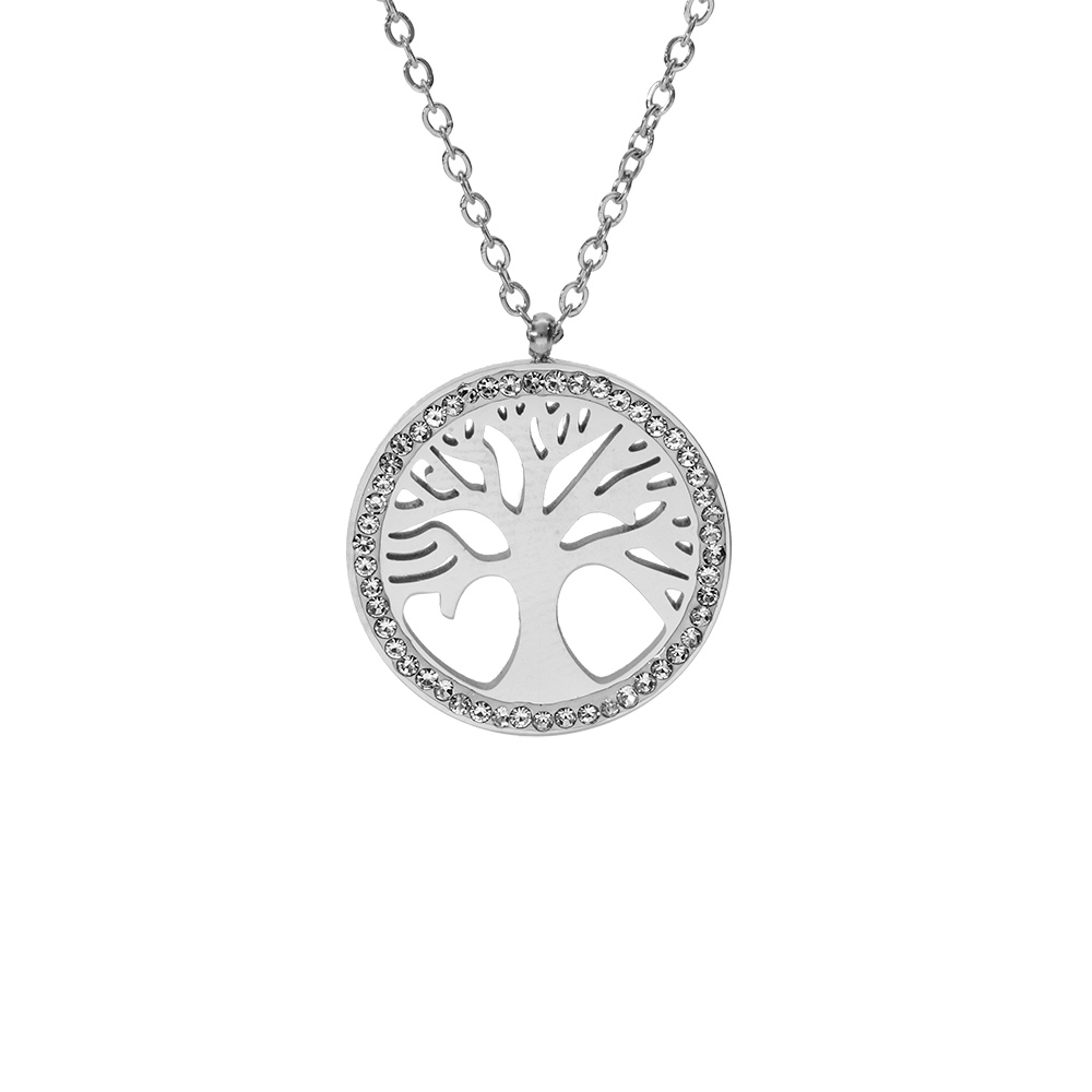 Collier en acier pendentif arbre de vie r�sine et strass 39+5cm - Vue 1