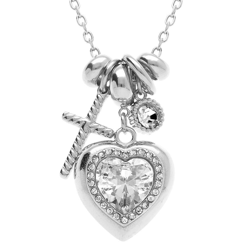 Collier en acier pendentif coeur croix oxydes blancs -  45+5cm - Vue 1