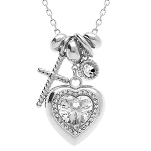 Collier en acier pendentif coeur croix oxydes blancs -  45+5cm