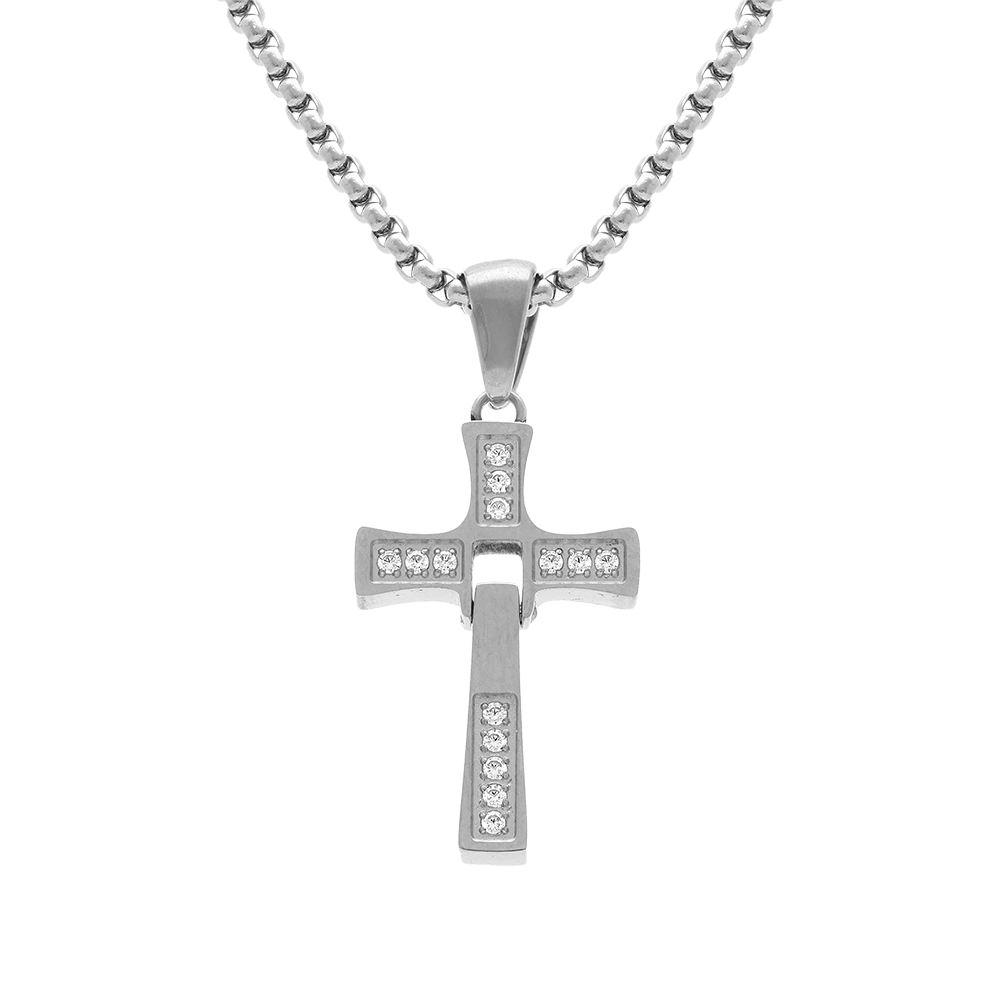 Collier en acier pendentif croix articul�e 20 x 14mm avec oxydes blancs  - 45+10cm - Vue 1