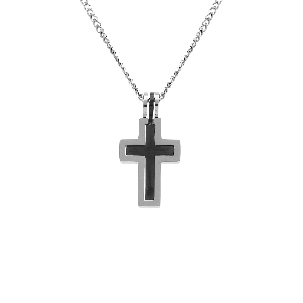 Collier en acier pendentif croix  PVD noir  20 x 13mm - 50+5cm - Vue 1