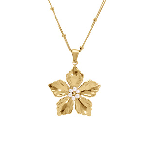 Collier en acier pendentif fleur avecperles blanches imitation au centre diamtre 33mm - 43+5cm