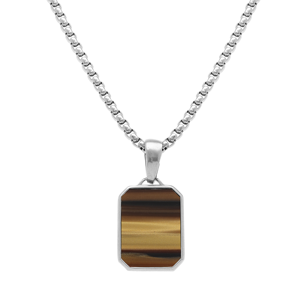 Collier en acier pendentif oeil de tigre imitation 22mmx15mm - 59cm rglable 54 - Vue 1