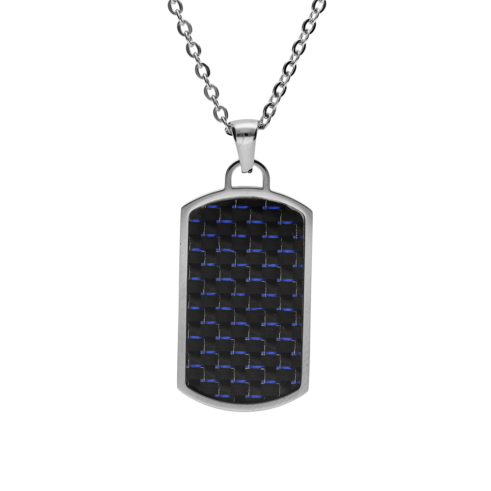 Collier en acier pendentif rectangle pans arrondi carbone reflet bleu 50+5cm - Vue 1
