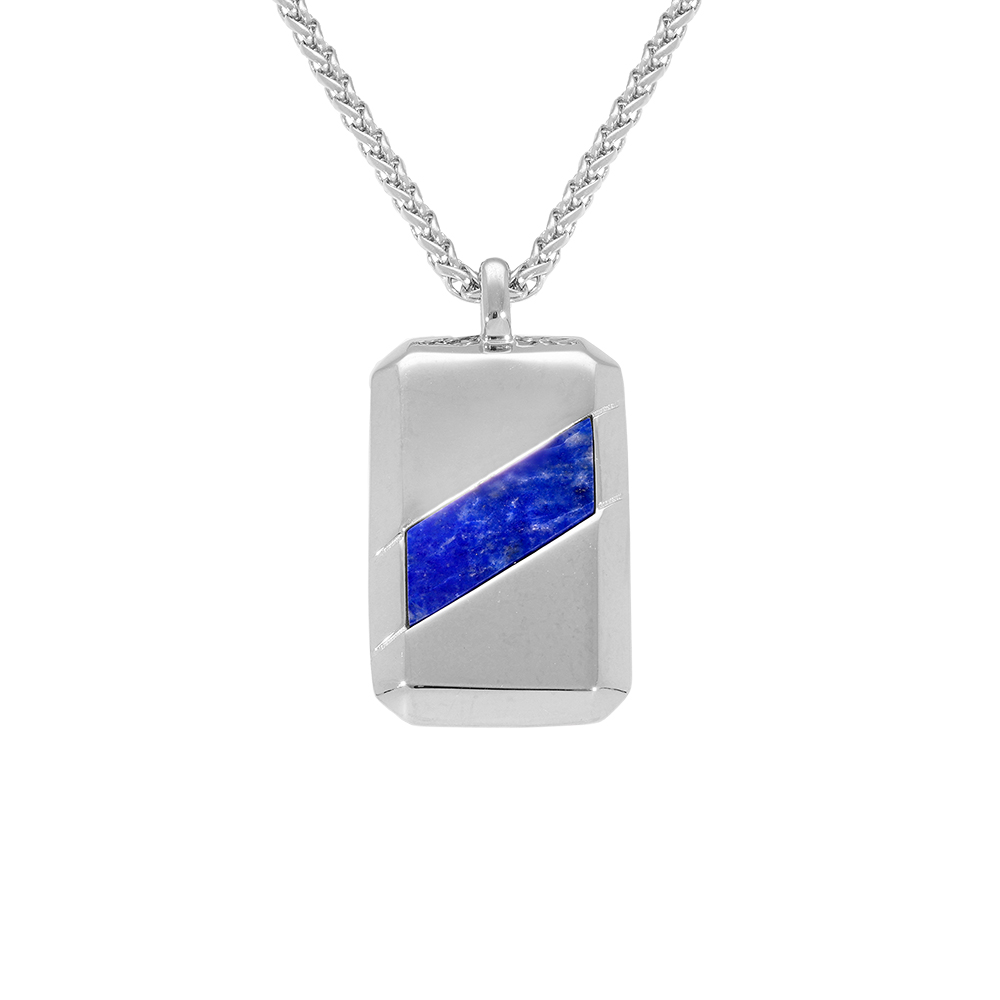 Collier en acier pendentif rectangulaire 30 x 18mm lapis lazuli reconstitu� - 51cm - Vue 1