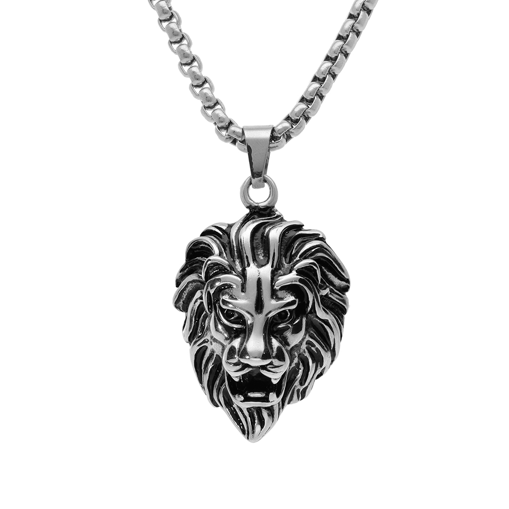 Collier en acier pendentif t�te de lion patin�e 55cm - Vue 1