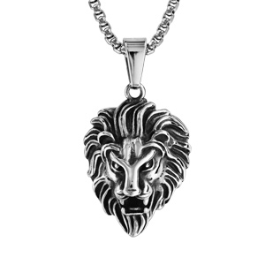 Collier en acier pendentif tte de lion patine 55cm - Vue 1