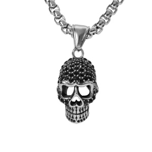 Collier en acier pendentif tte de mort oxydes noirs 50+5cm - Vue 1