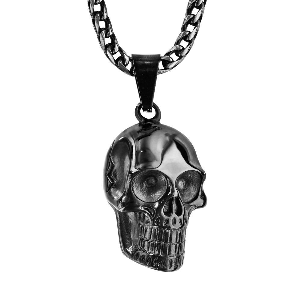 Collier en acier pendentif t�te de mort PVD noir 50+5cm - Vue 1