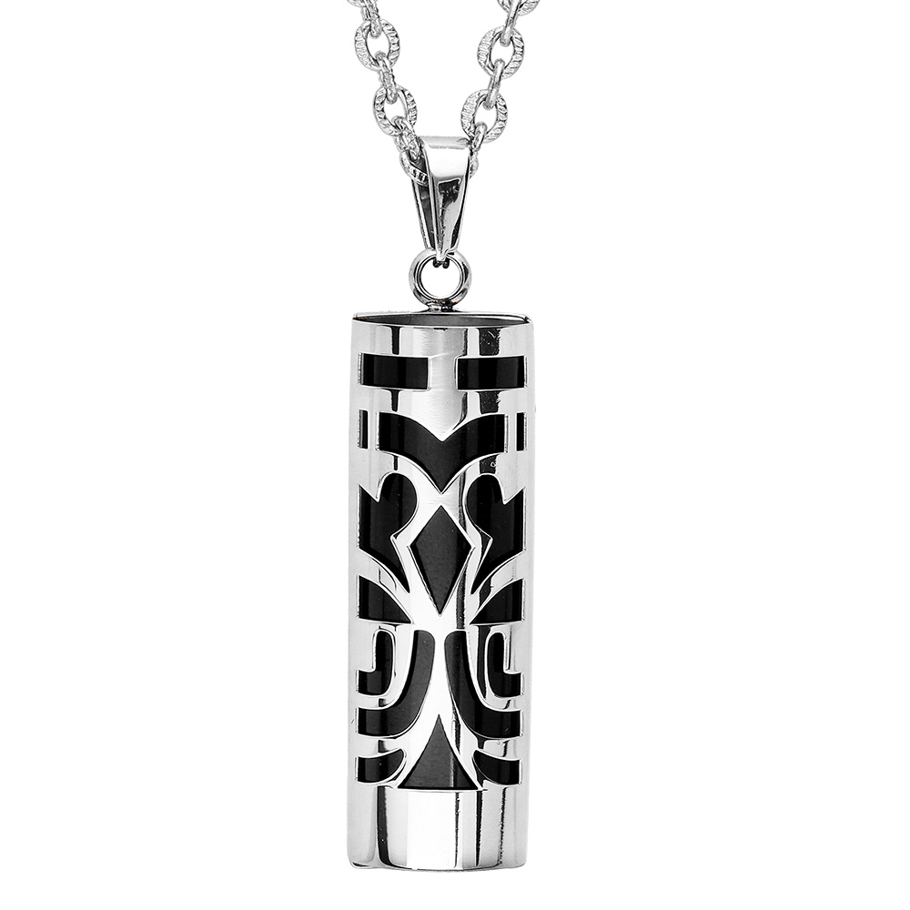 Collier en acier Pendentif Tiki protection 30mm diam�tre 9mm agate noire v�ritable - 50+5cm - Vue 1