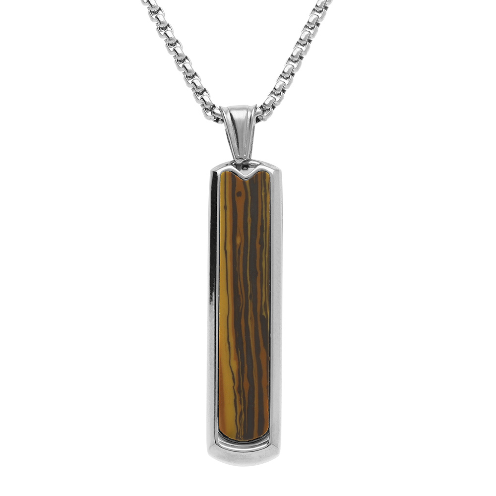 Collier en acier pendentif vertical 35mm x 7mm oeil de tigre v�ritable - 54.5cm - Vue 1