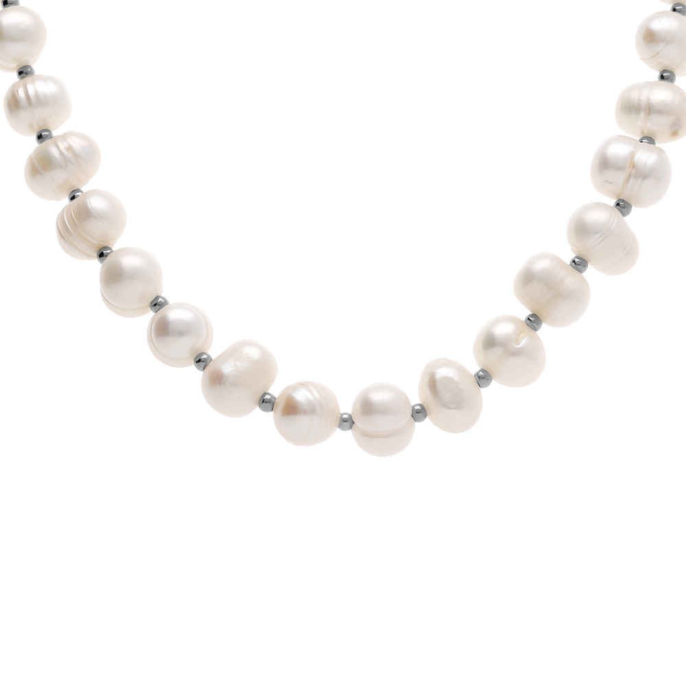 Collier en acier perle blanche de culture d\'eau douce 6-7mm irr�guli�re  - 40+10cm - Vue 1