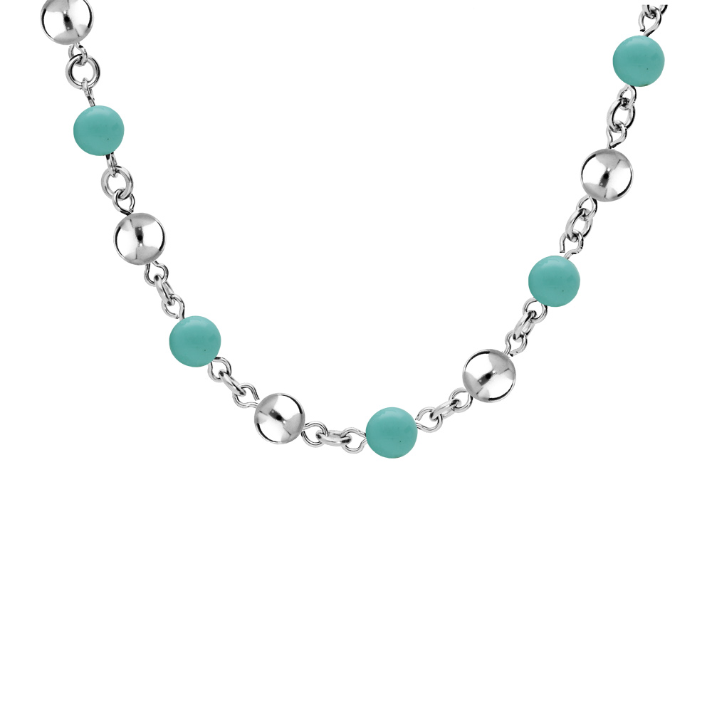 Collier en acier perles de Jade bleu v�ritable et boules lisses 40+5cm - Vue 1