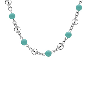 Collier en acier perles de Jade bleu vritable et boules lisses 40+5cm - Vue 1