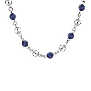Collier en acier perles il de tigre bleu vritable et boules lisses 40+5cm - Vue 1