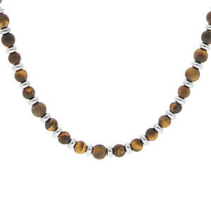 Collier en acier perles Oeil de tigre vritable mat marron 50+5cm - Vue 1