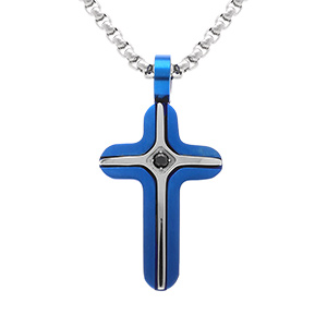 Collier en acier PVD bleu croix 25mm un oxyde bleu - 45+6cm