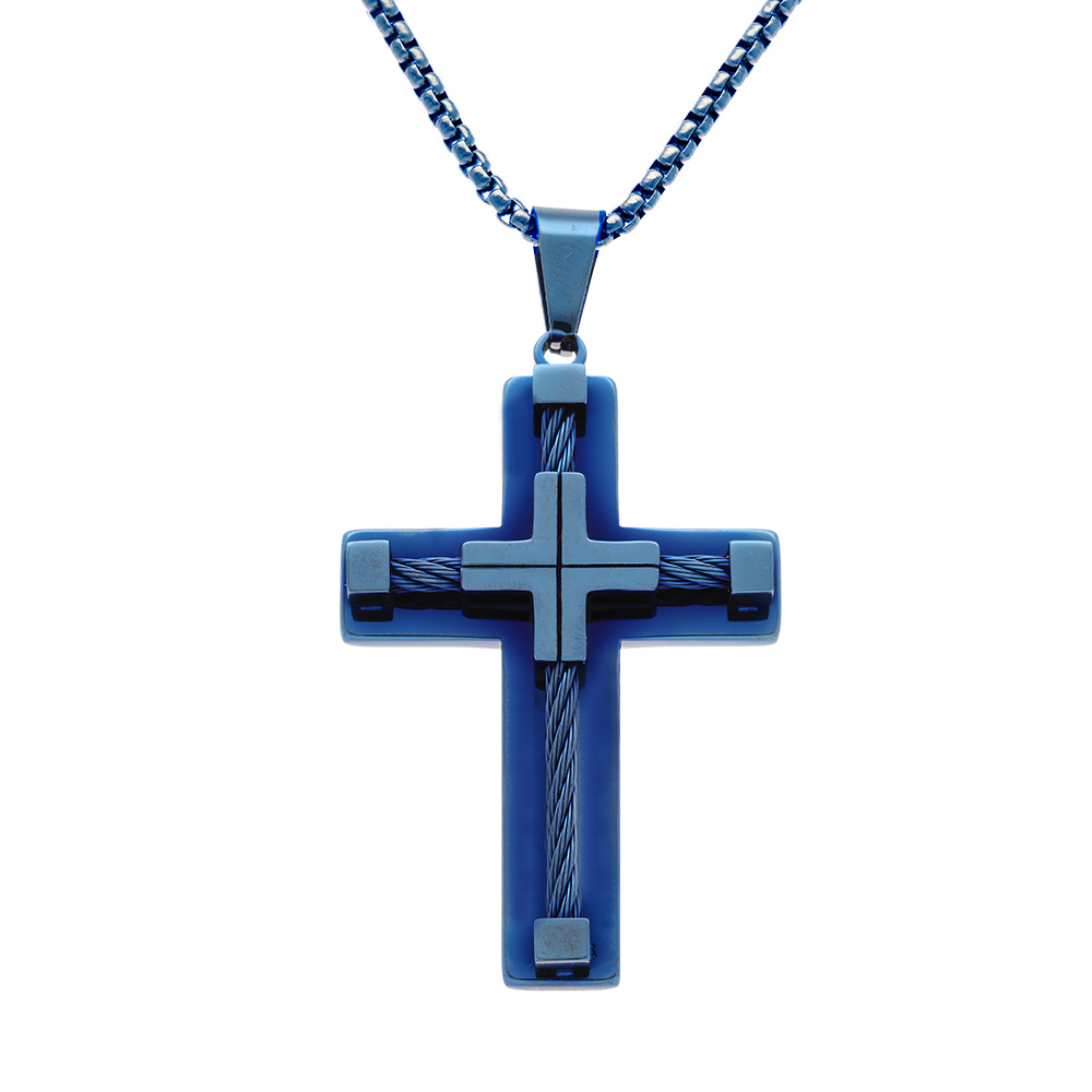 Collier en acier PVD bleu pendentif croix 55x40mm avec c�ble noir   - 55+10cm - Vue 1