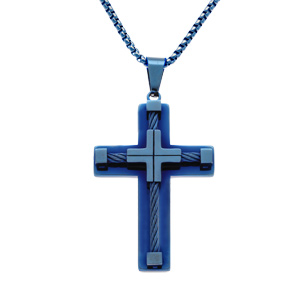 Collier en acier PVD bleu pendentif croix 55x40mm avec cble noir   - 55+10cm - Vue 1